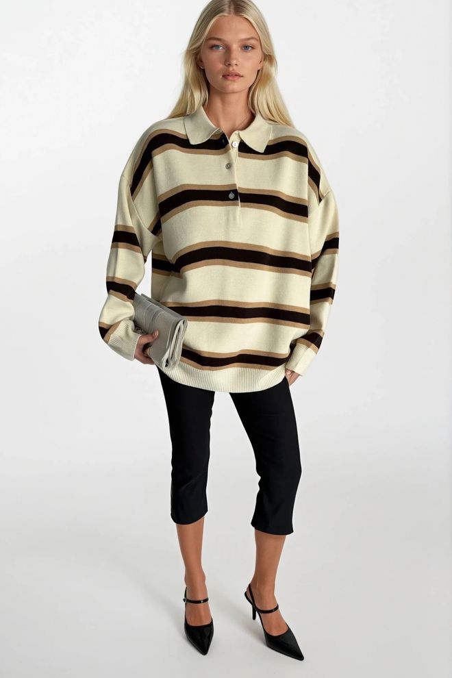 Black Fashion Beige Oversized Fit Striped Polo Neck Sweater Wholesale Clothing Acrylic