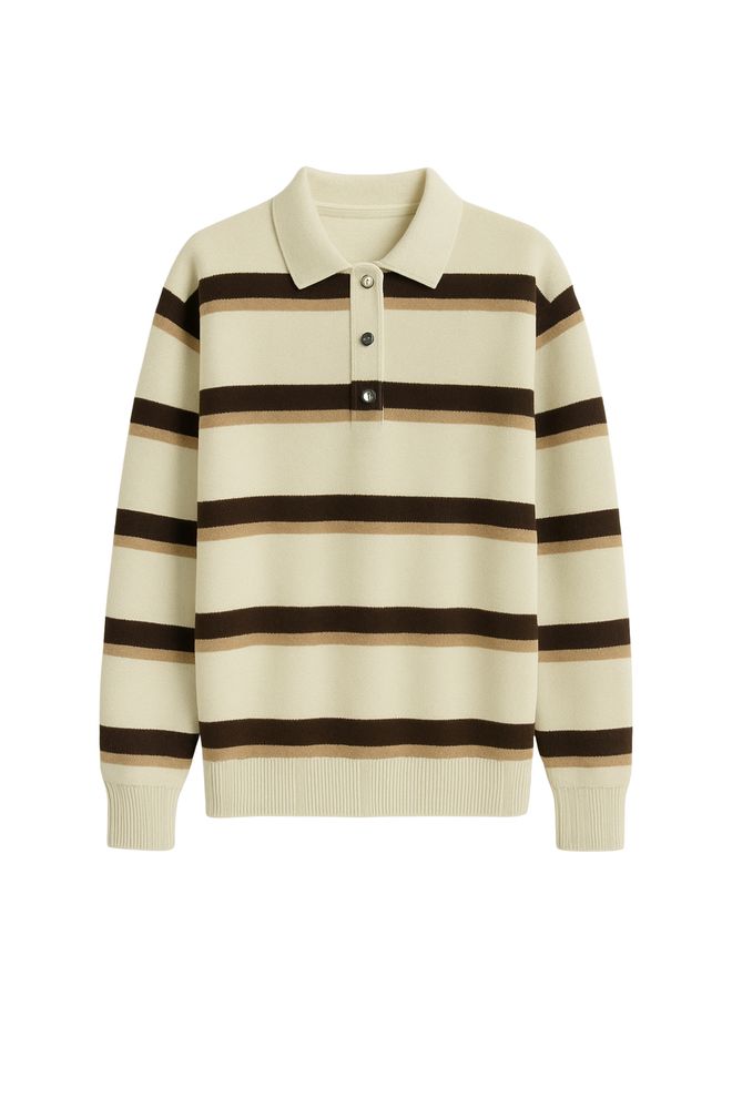 Black Fashion Beige Oversized Fit Striped Polo Neck Sweater Wholesale Clothing Work