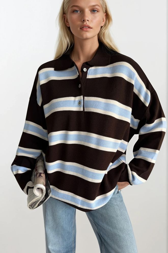 Black Fashion Camisola Castanha Riscada Com Decote Polo Roupas por atacado Roupa de rua