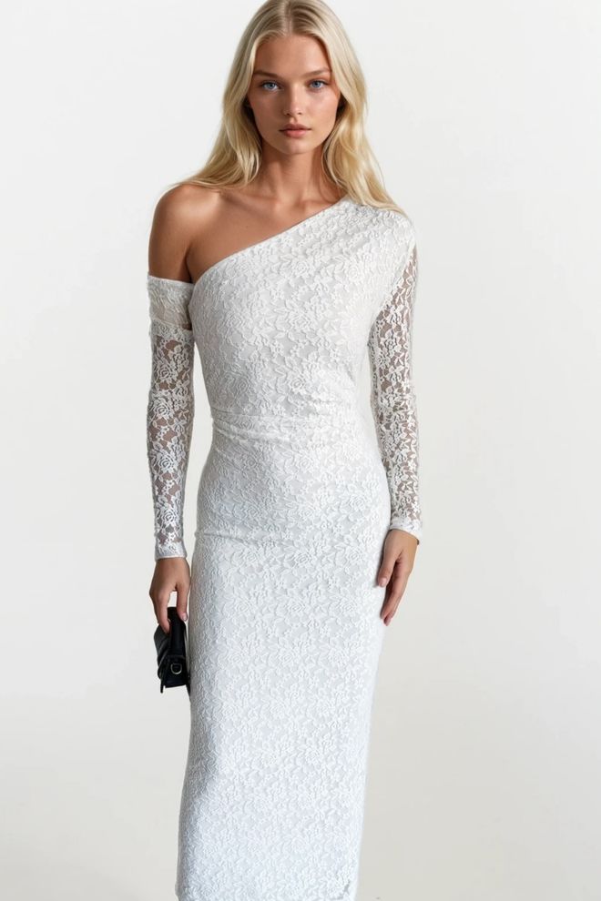 Black Fashion Accesoriu Cu Mânecă Cu Un Singur Umăr Rochie Maxi Guipure Albă Îmbrăcăminte cu ridicata Sexy