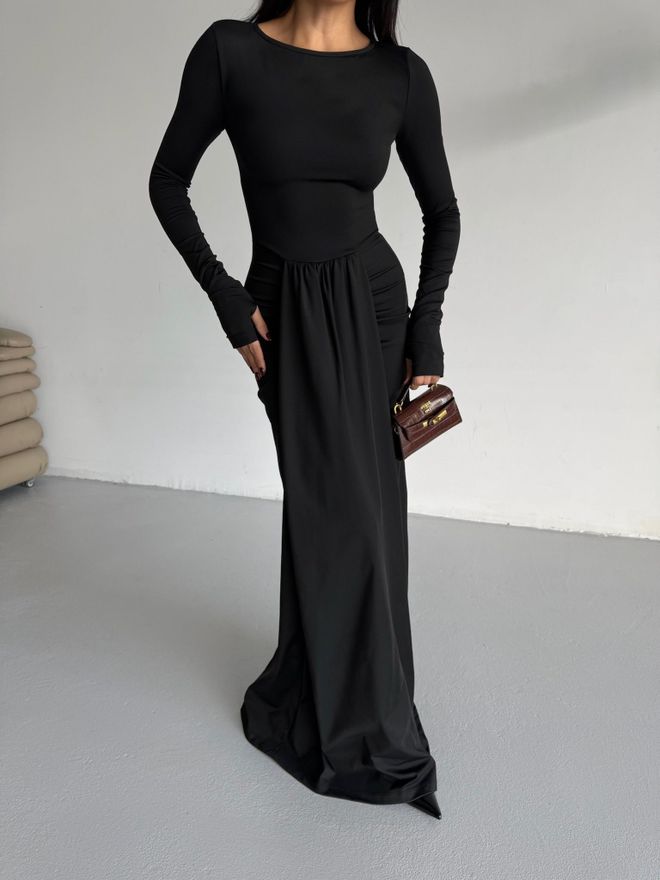 Black Fashion Elegantes Schwarzes Bodycon Kleid Mit Extra Langen Ärmeln Großhandelskleidung Polyester