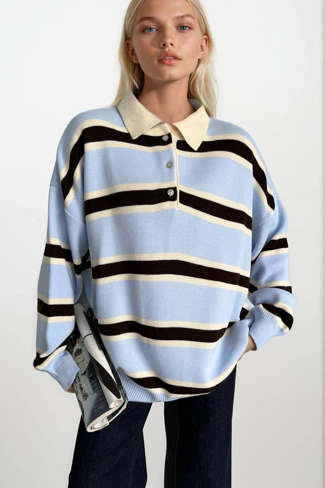 Black Fashion Синьо Райе Пуловер С Голяма Кройка И Поло Яка Дрехи на едро Улична мода