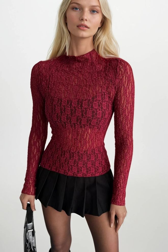 Black Fashion Claret Red Blouse With Floral Puff Sleeves Wholesale Clothing Sexy