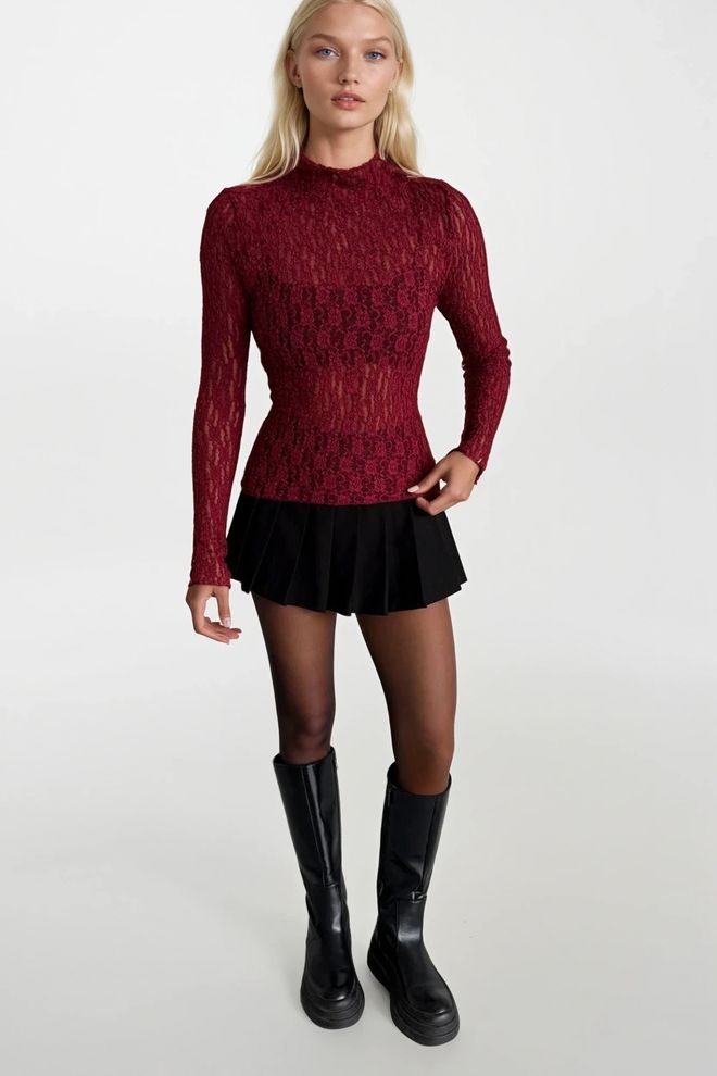 Black Fashion Claret Red Blouse With Floral Puff Sleeves Wholesale Clothing Polyester