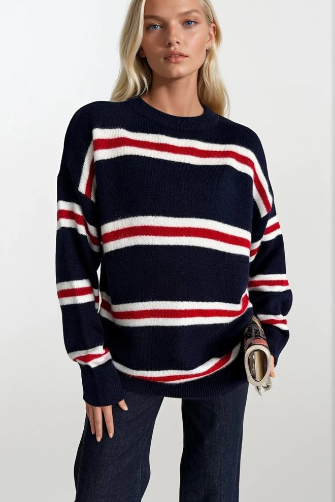 Black Fashion Морскосин Пуловер На Райета С Дълги Прави Ръкави И Уголемена Кройка Дрехи на едро Небрежен