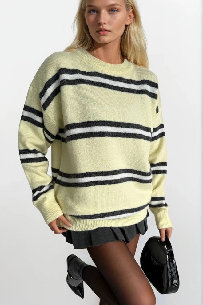 Black Fashion Жълт Райе Пуловер С Уголемен Размер Дрехи на едро Небрежен