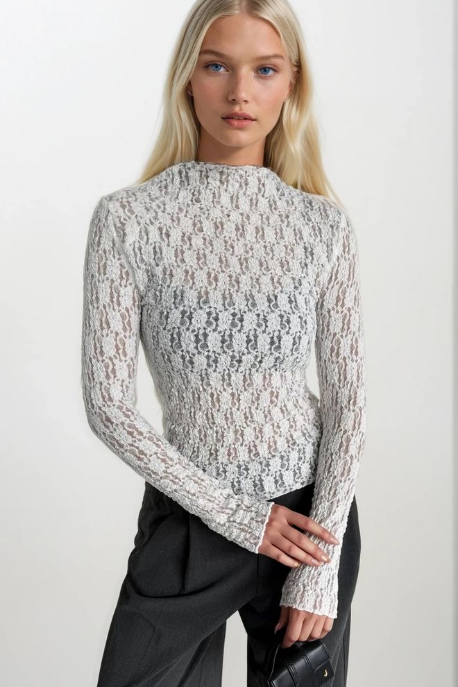 Black Fashion White Slim Fit Blouse With High Neck And Long Sleeves Wholesale Clothing Sexy