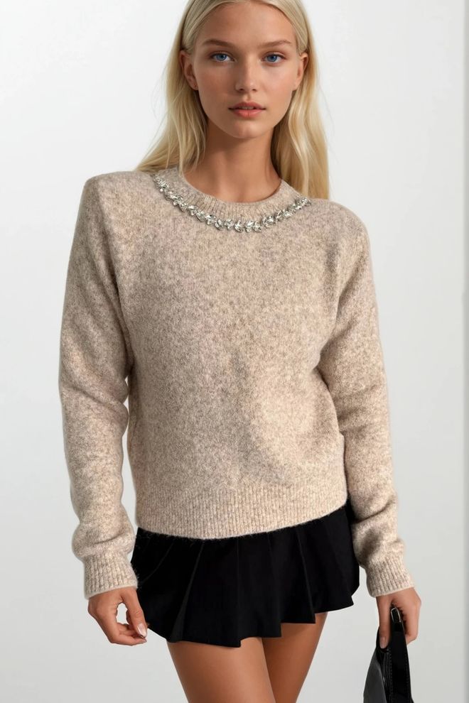 Black Fashion Бежов Пуловер С Ежедневен Винтидж Стил Дрехи на едро Небрежен