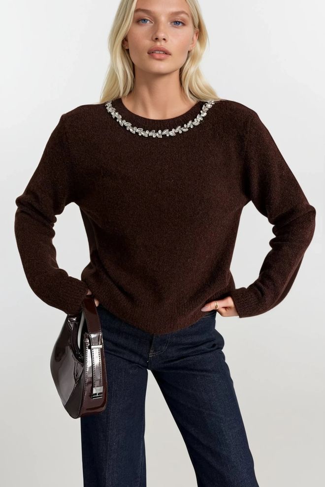 Black Fashion Bruine Trui Casual Elegant Lange Mouw Ronde Nek Groothandel Kleding Acryl