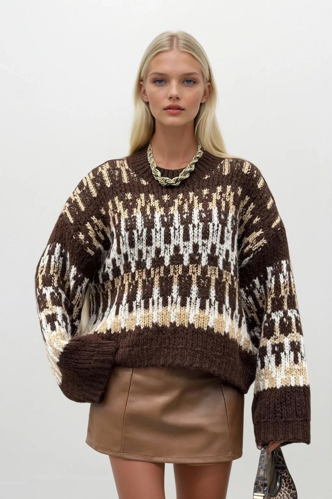 Black Fashion Maglione Marrone A Quadri Taglia Oversize Abbigliamento all'ingrosso Casuale