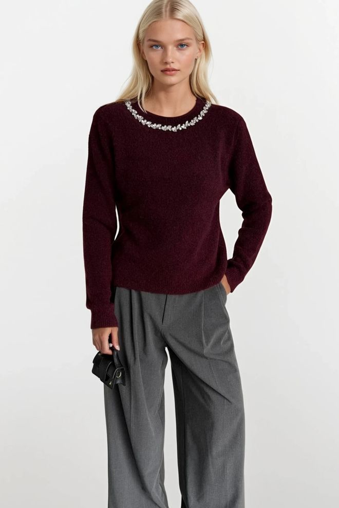 Black Fashion Пуловер Бордо – Елегантен И Ежедневен Дрехи на едро Небрежен