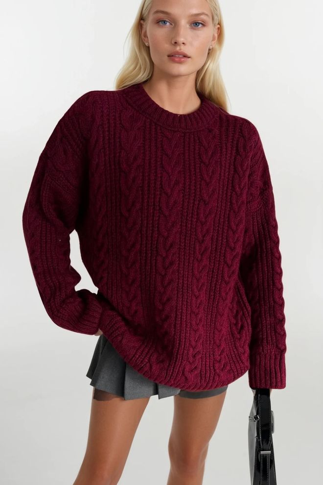 Black Fashion Небрежен Бордо Пуловер Дрехи на едро Небрежен