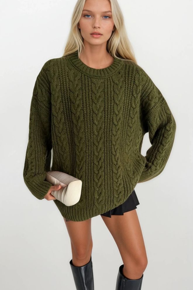 Black Fashion Zielony Sweter Oversize Z Dekoltem Typu Crew Hurtowa sprzedaż odzieży Casual