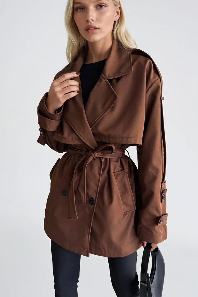 Black Fashion Bruine Trenchcoat Enkelrijig Met Gekerfde Kraag Groothandel Kleding Streetwear