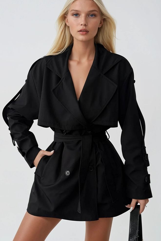 Black Fashion Czarny Trencz Elegancki Casual Zapinany Na Guziki Hurtowa sprzedaż odzieży Odzież uliczna