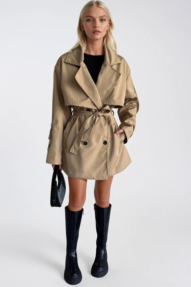 Black Fashion Beżowy Trencz Elegancki Jednorzędowy Owijany Hurtowa sprzedaż odzieży Odzież uliczna