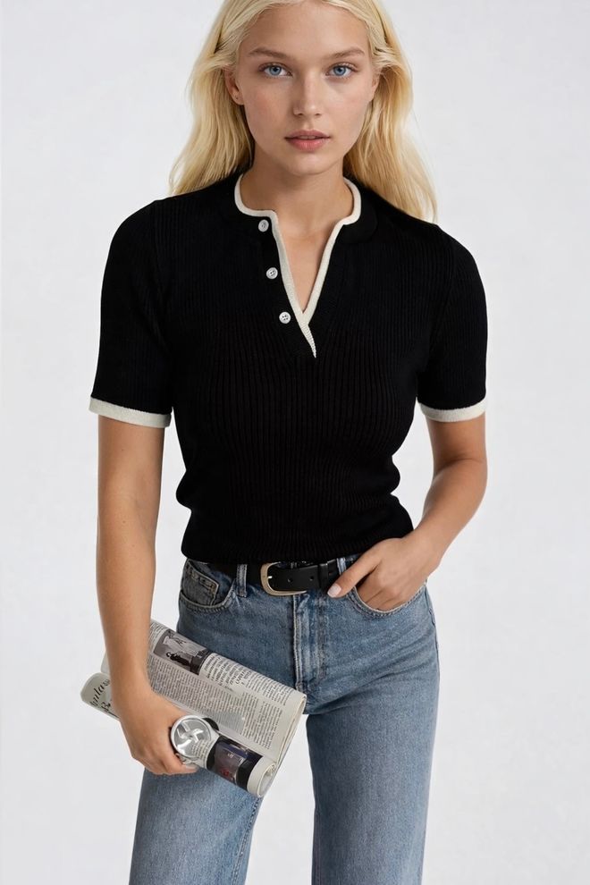 Black Fashion Black Slim Fit Casual Blouse With Grandad Neck Wholesale Clothing Streetwear