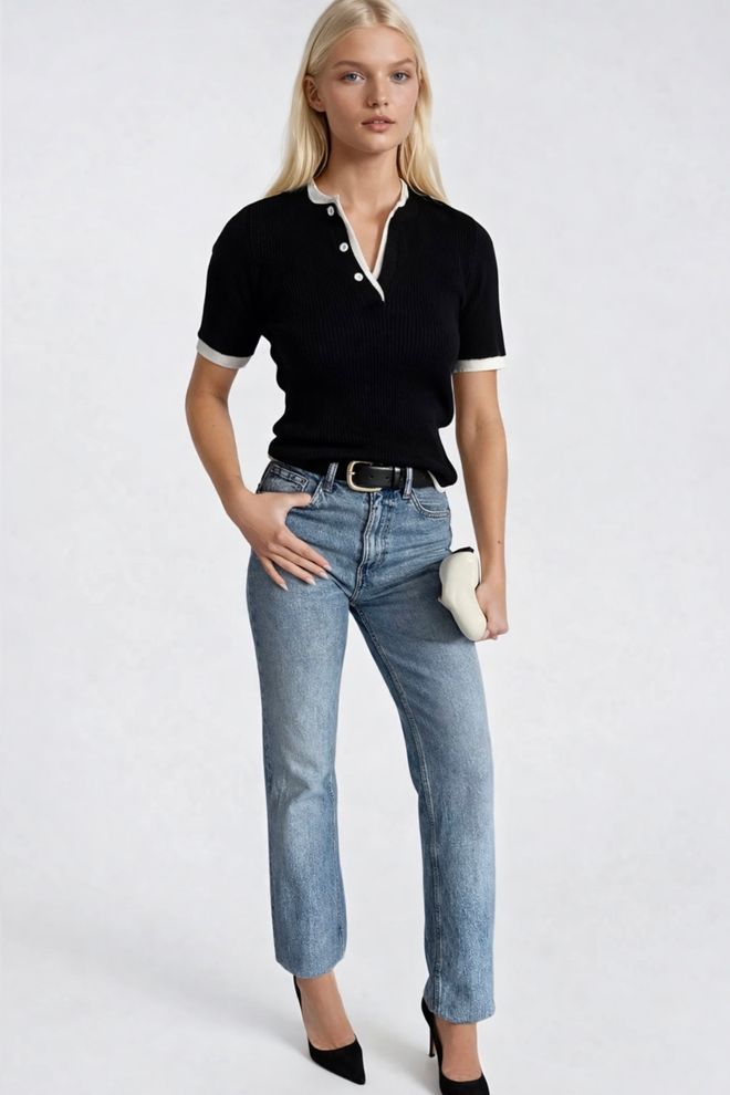 Black Fashion Black Fitted Casual Blouse With Grandad Neck Wholesale Clothing 1