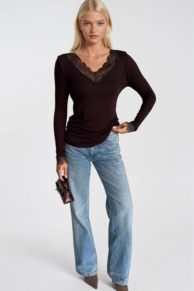 Black Fashion Elegant Brown Blouse With V Neck And Long Sleeves Wholesale Clothing Viscose