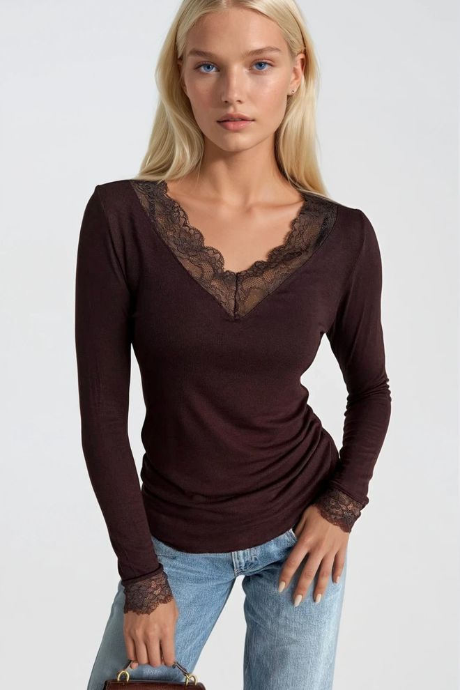 Black Fashion Elegant Brown Blouse With V Neck And Long Sleeves Wholesale Clothing Streetwear