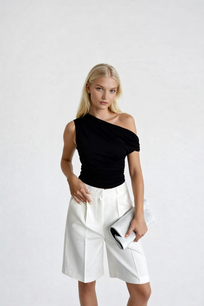Black Fashion Asymmetric Shoulder Detail Blouse With Waist Fit Black Wholesale Clothing Streetwear