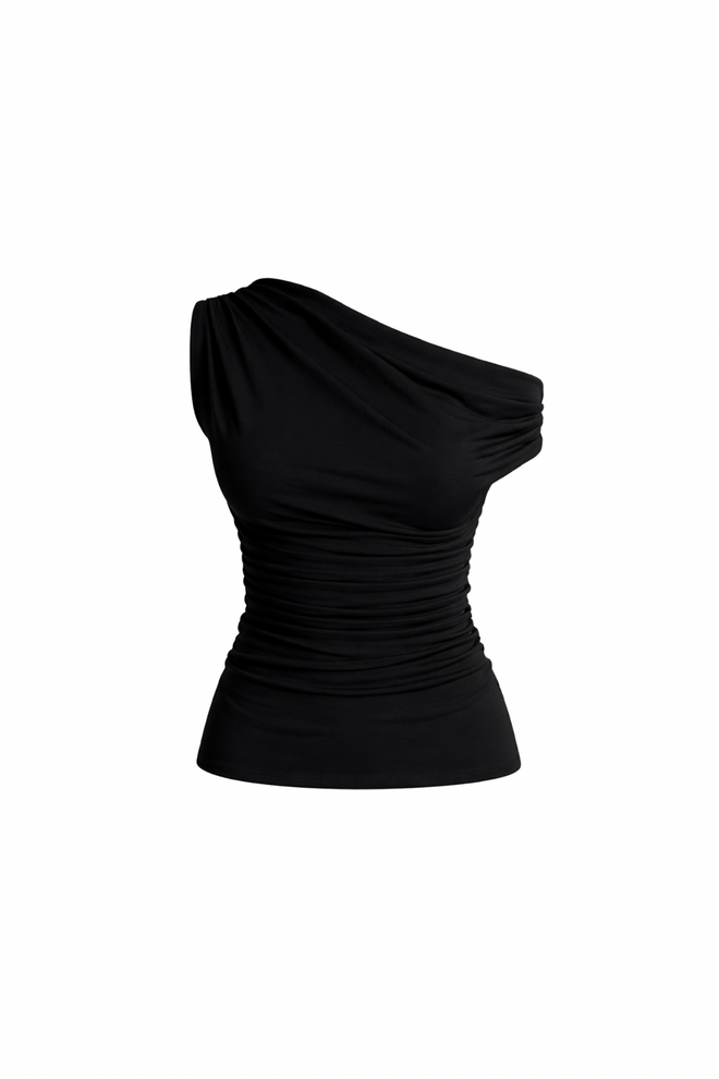 Black Fashion Asymmetric Shoulder Detail Blouse With Waist Fit Black Wholesale Clothing Polyester