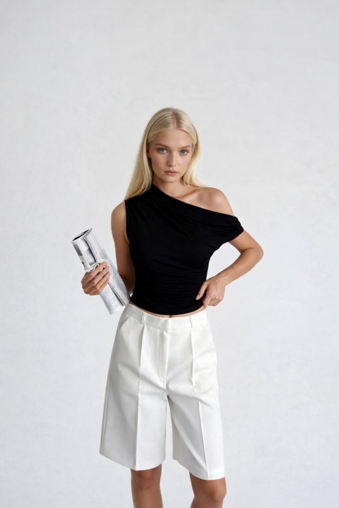 Black Fashion Asymmetric Shoulder Detail Blouse With Waist Fit Black Wholesale Clothing Gym