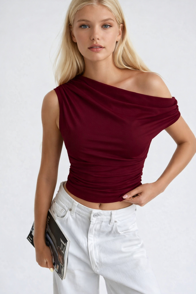 Black Fashion Asymmetric Shoulder Detail Blouse With Waist Burgundy Wholesale Clothing Streetwear
