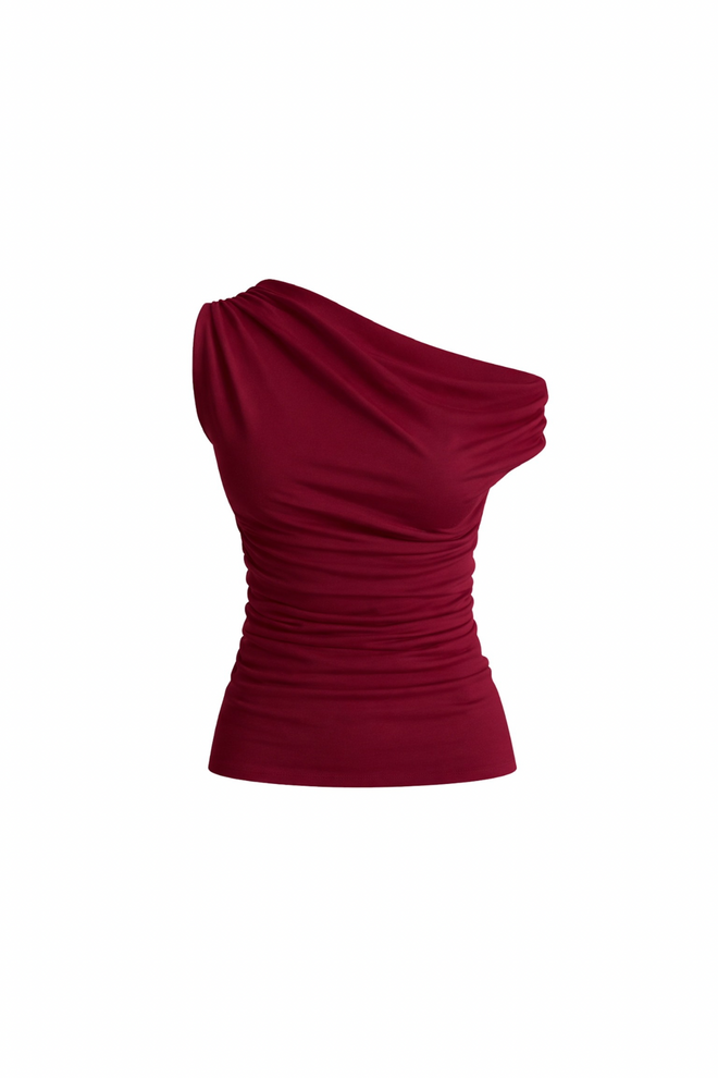 Black Fashion Claret Red Slim Fit One Shoulder Neck Blouse Wholesale Clothing Polyester