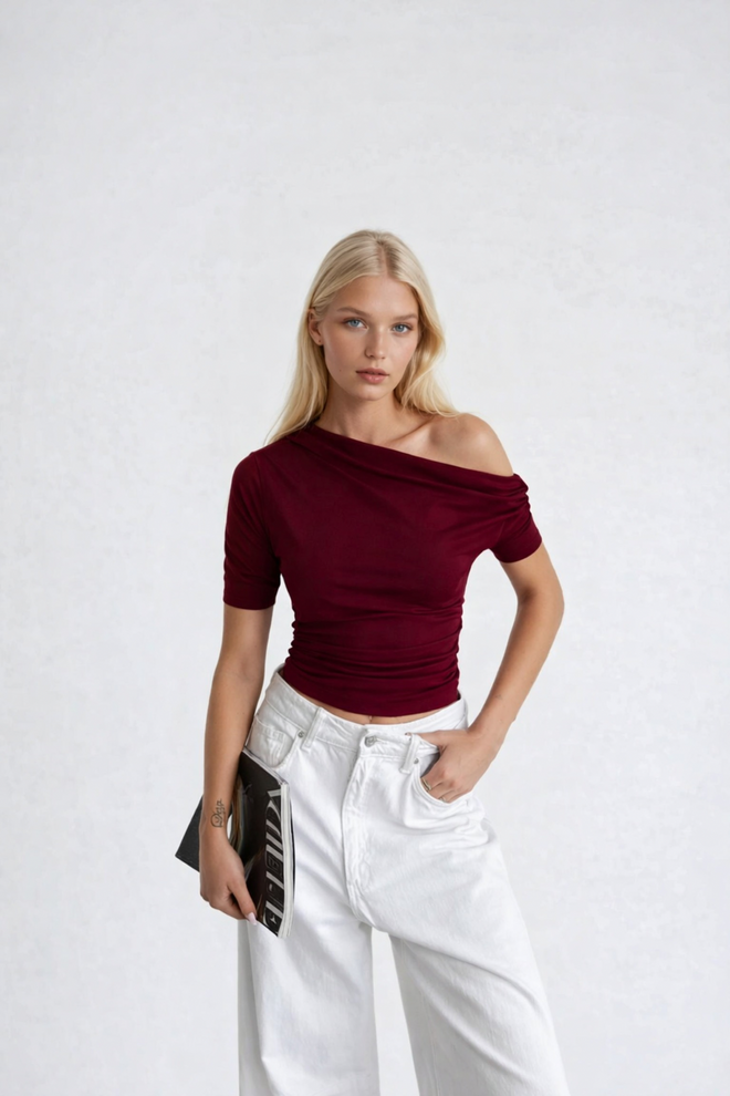 Black Fashion Claret Red Slim Fit One Shoulder Neck Blouse Wholesale Clothing Birthday