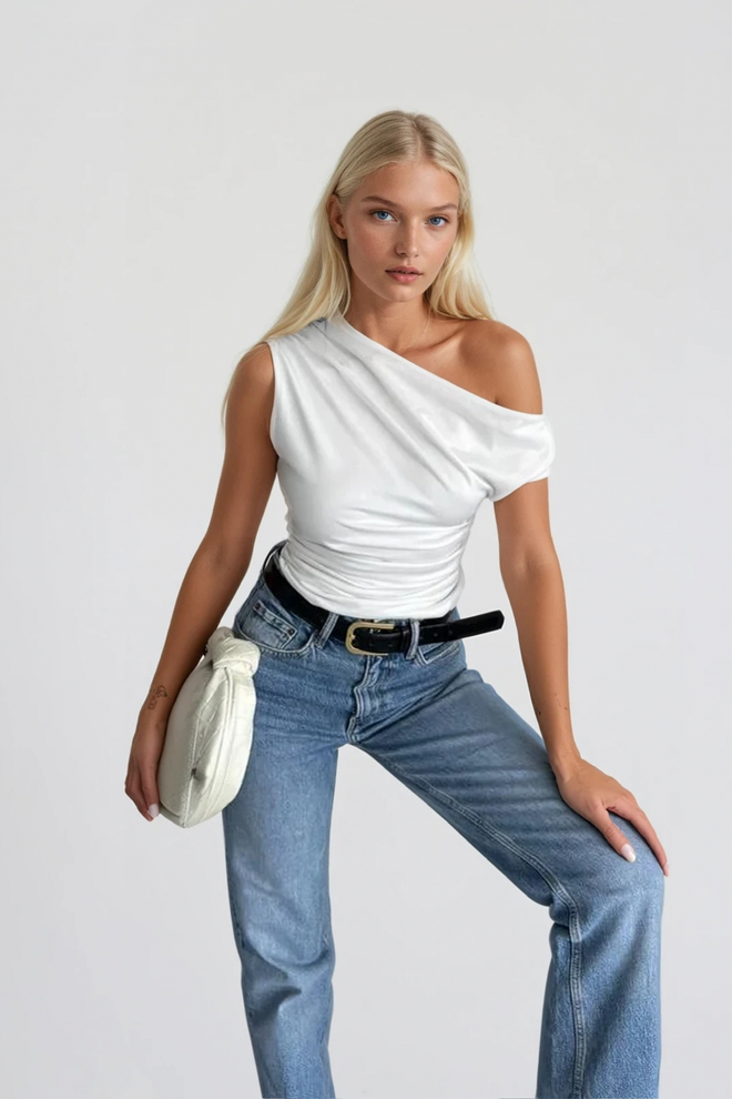 Black Fashion Asymmetric Shoulder Detail Blouse With Waist Fit White Wholesale Clothing Streetwear
