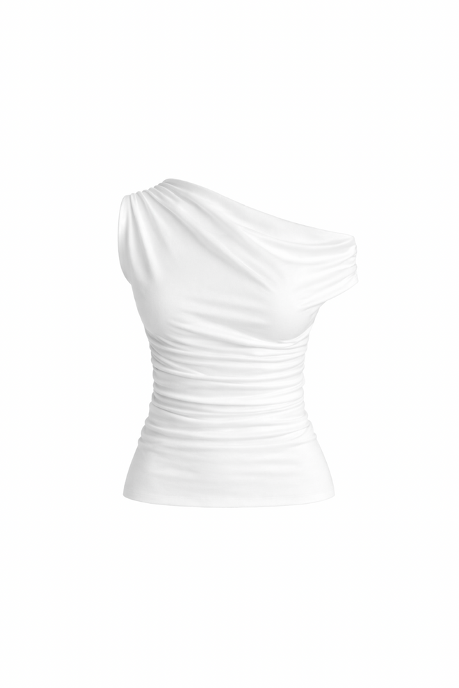 Black Fashion Asymmetric Shoulder Detail Blouse With Waist Fit White Wholesale Clothing Polyester