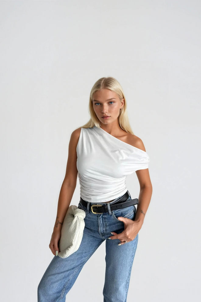 Black Fashion Asymmetric Shoulder Detail Blouse With Waist Fit White Wholesale Clothing 2