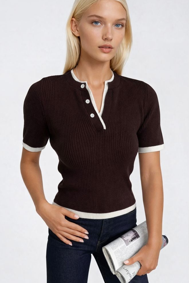 Black Fashion Button Detail Double Neck Knitwear Blouse Brown Wholesale Clothing Streetwear