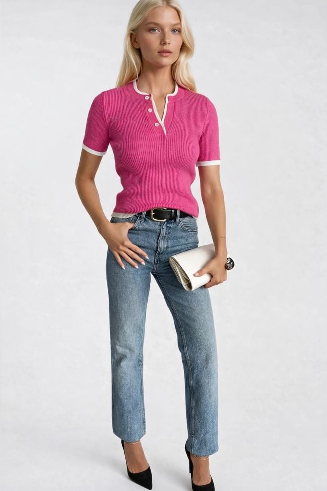 Black Fashion Button Detail Double Neck Knitwear Blouse Pink Wholesale Clothing Streetwear