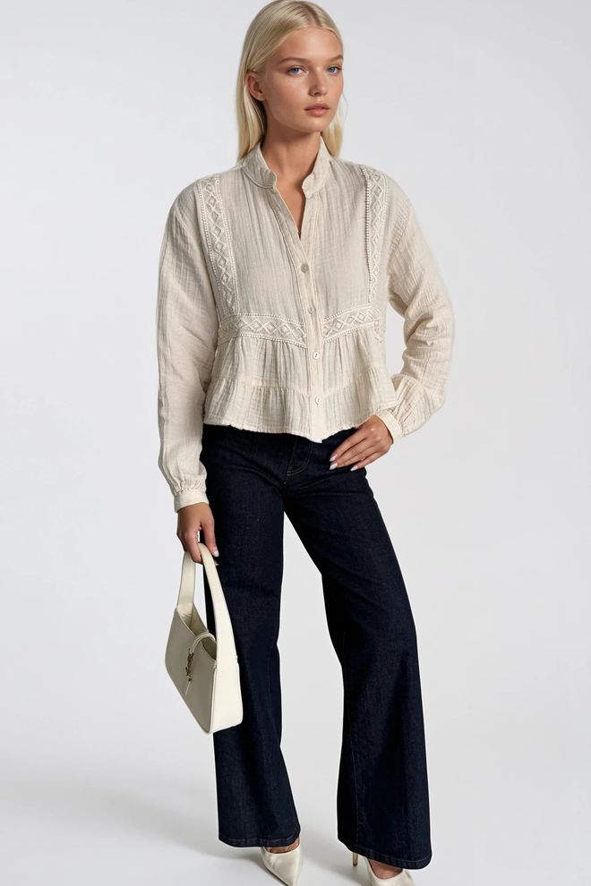 Black Fashion Bež Boho Priložnostna Elegantna Bluza Oblačila na debelo Bombaž