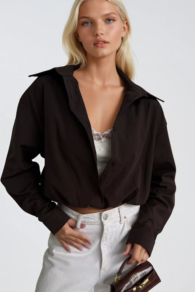 Black Fashion Black Oversized Fit Crop Shirt With Plunging Neck Wholesale Clothing Streetwear