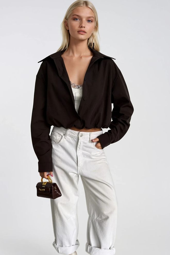 Black Fashion Black Oversized Fit Crop Shirt With Plunging Neck Wholesale Clothing Modal