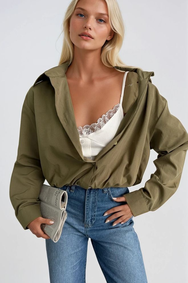 Black Fashion Khaki Oversized Casual Buttoned Shirt Wholesale Clothing Streetwear