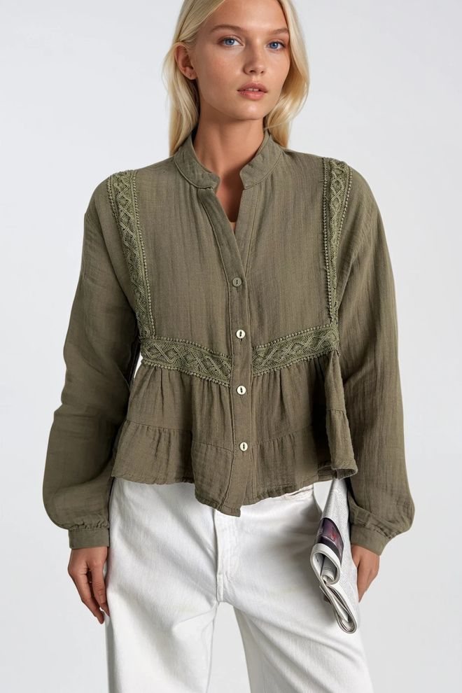 Black Fashion Kaki Ležerna Boho Elegantna Bluza Z Dedkovim Ovratnikom Oblačila na debelo Ulična oblačila