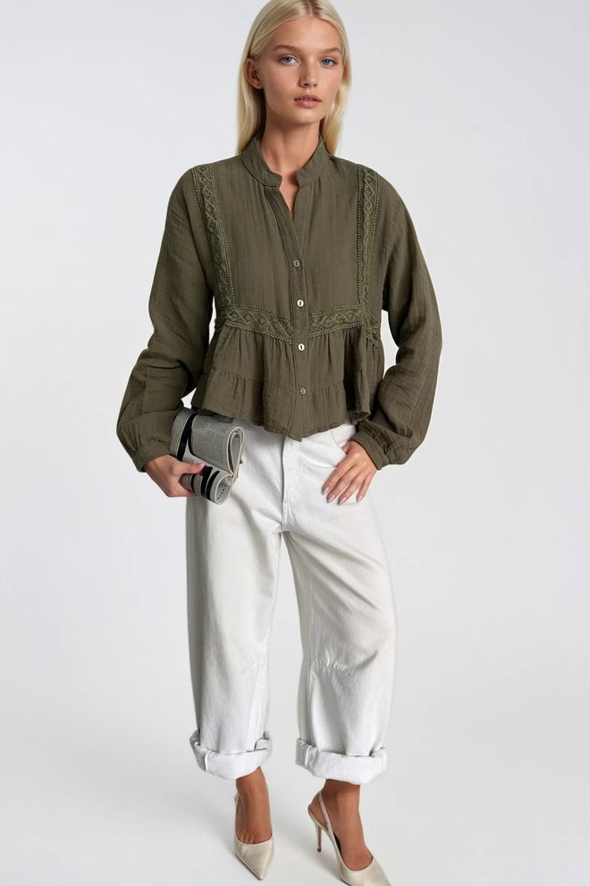 Black Fashion Kaki Ležerna Boho Elegantna Bluza Z Dedkovim Ovratnikom Oblačila na debelo Bombaž