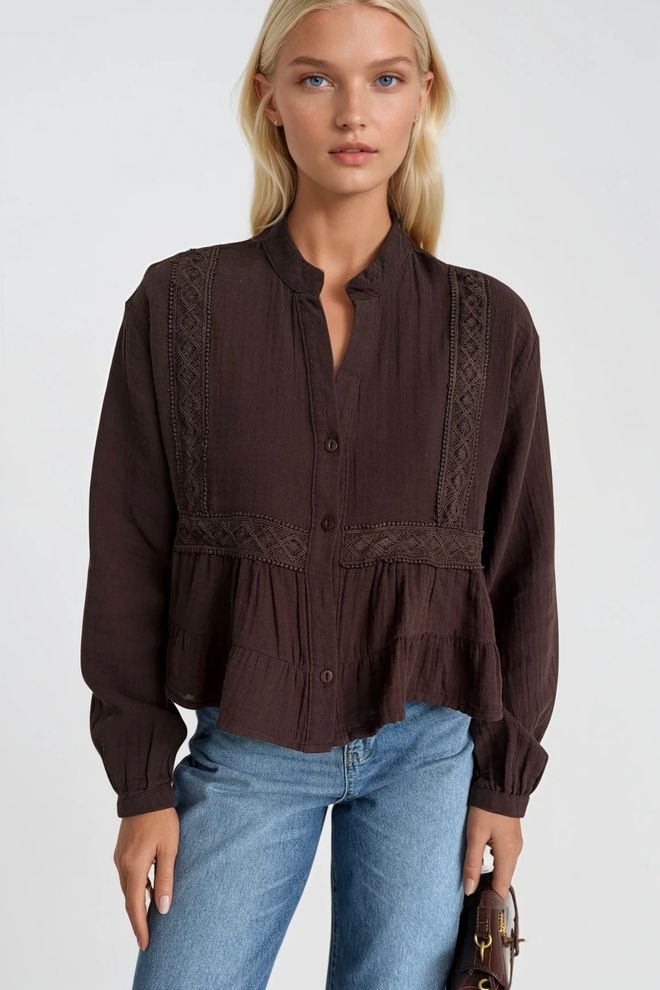 Black Fashion Rjava Ležerna Boho Bluza Z Dedkovim Vratom Oblačila na debelo Boho