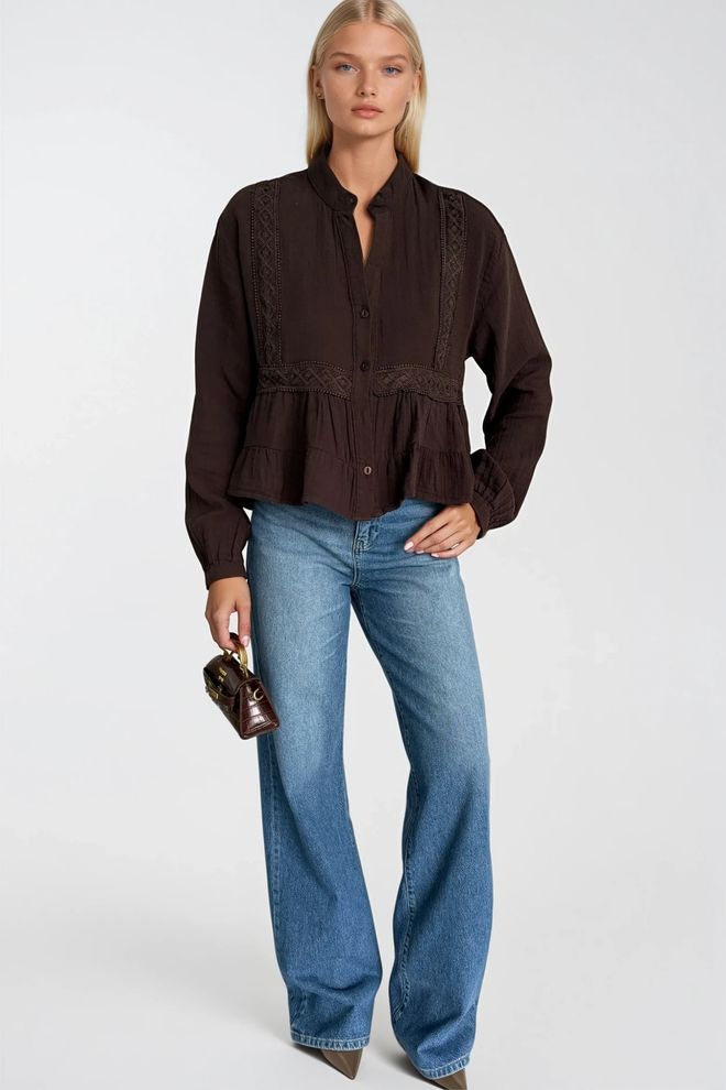 Black Fashion Rjava Ležerna Boho Bluza Z Dedkovim Vratom Oblačila na debelo Bombaž