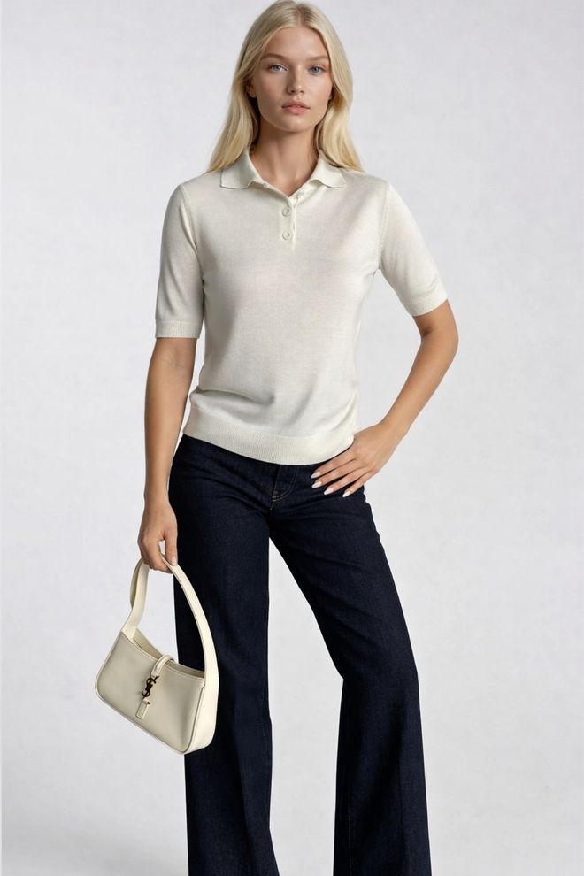 Black Fashion White Polo Neck Slim Fit Blouse With Half Sleeves Wholesale Clothing Wool