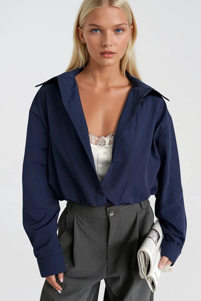 Black Fashion Lace Blouse Detail Elastic Waist Shirt Navy Wholesale Clothing Streetwear