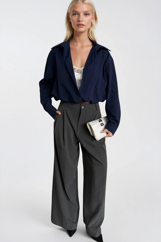 Black Fashion Navy Blue Shirt With Notched Neck And Oversized Fit Wholesale Clothing Modal