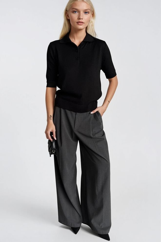 Black Fashion Black Blouse With Polo Neck And Half Straight Sleeves Wholesale Clothing Wool