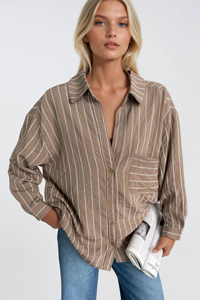 Black Fashion Brązowa Prążkowana Koszula Casual Oversize Hurtowa sprzedaż odzieży Odzież uliczna