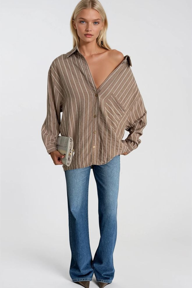 Black Fashion Brown Striped Casual Oversized Shirt Wholesale Clothing Modal