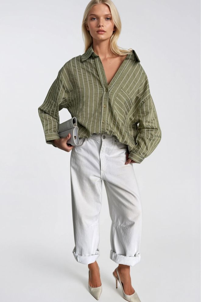 Black Fashion Πράσινο Ριγέ Πουκάμισο Oversize Με Κουμπιά Και V λαιμόκοψη Χονδρικό εμπόριο ενδυμάτων Modal